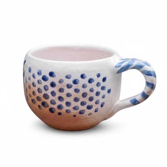 Blue & White Coffee Mug with Wave and PolkaDot Designs - Picture 1 of 7